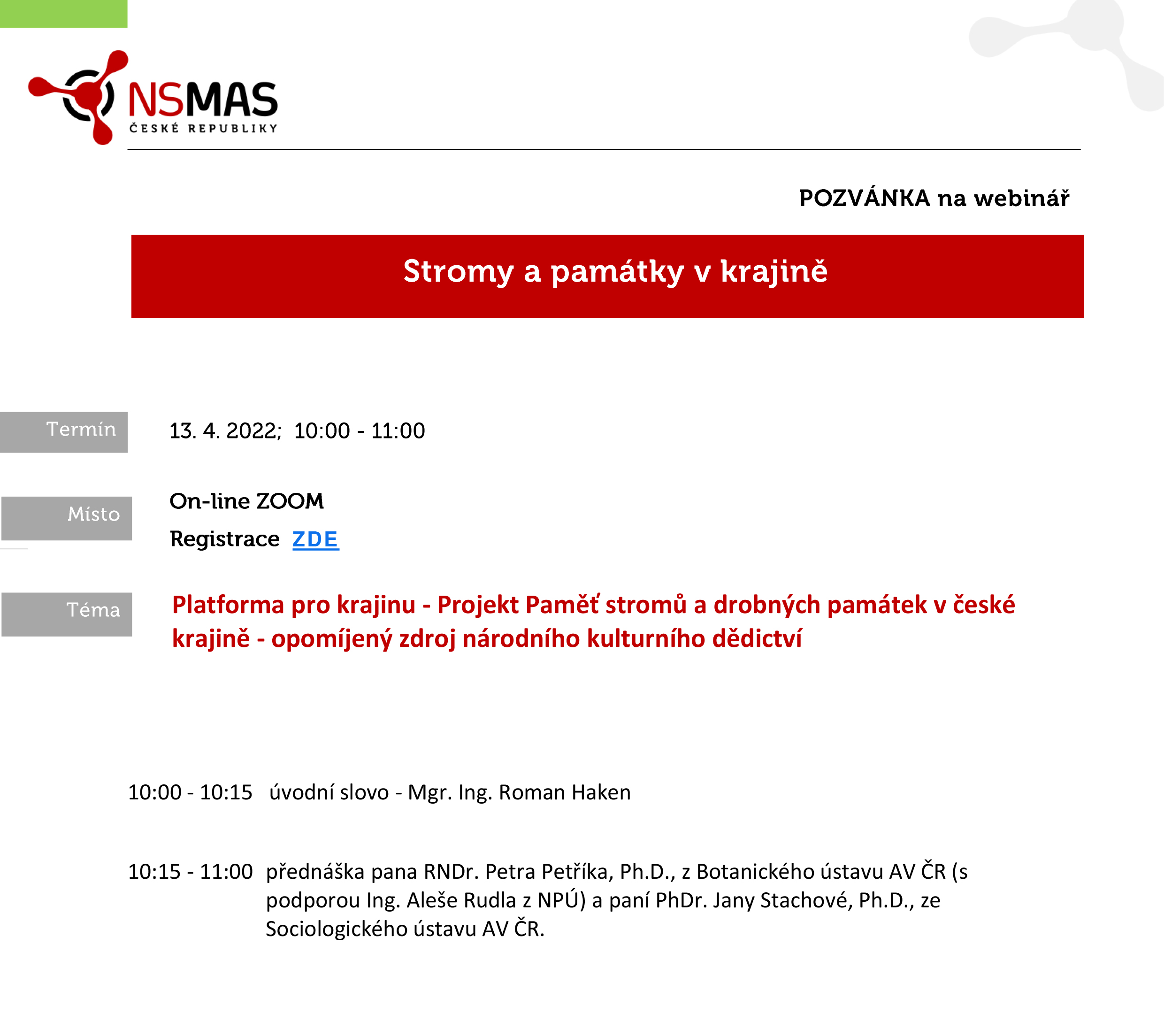 Pozvánka TD Stromy a památky v krajině 13 4 2022